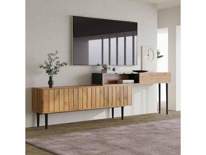 OLIVIBED TV Schrank mit 2 Türen, TV Ständer mit Offenes Ablagefach, Lowboard mit Beine, Griffloses Design, Fernsehschrank für Wohnzimmer Esszimmer, 129x30x58cm, Dunkle Holzfarbe
