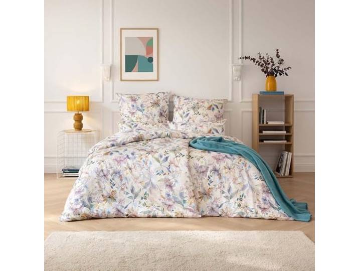 ESTELLA Mako-Satin Bettwäsche 135x200 Estera Blüten Lilien beige rosa 7960-985