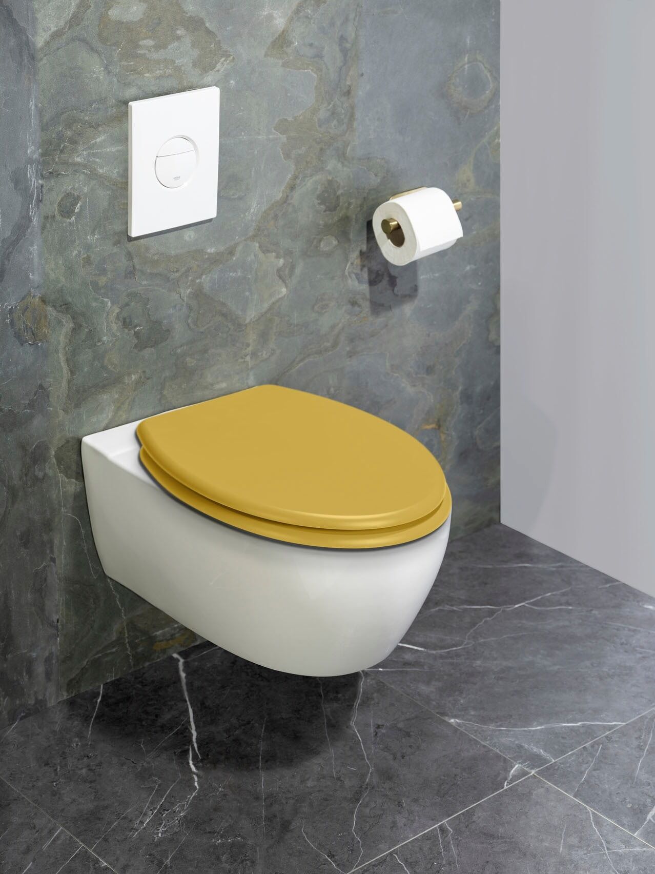 WC-Sitz WENKO "Prima", gelb, B:37cm H:4,2cm L:41cm, WC-Sitze, WC-Sitz, matt, aus MDF, feuchtigkeitsresistent, Edelstahlbefestigung