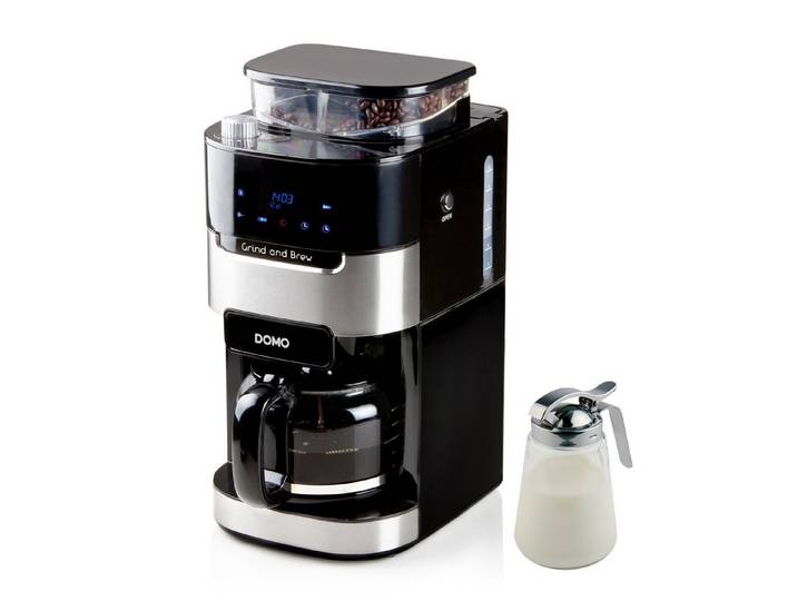 Domo Filterkaffeemaschine, 12 Tassen Glaskanne mit Timer & Mahlwerk für Bohnen, Pulver geeignet