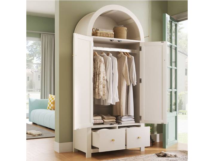 WUVRIE Armoire de chambre 78 x 45 x 181 cm 2 portes 2 tiroirs cannage blanche