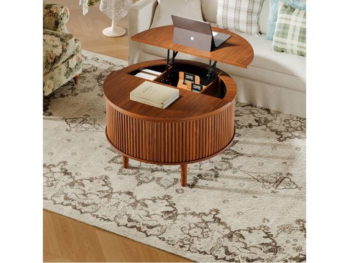 VUENOR Table basse ronde Ø80 cm marron – double plateau relevable hydraulique rangements dissimulés