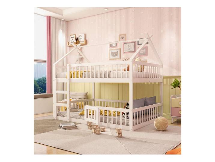 STILVORA Etagenbett 140×200 Kinderbett mit Matratze,Bettgestell mit Treppe & Schutztür (Etagenbett-Rahmen, 140x200 cm), mit Matratze