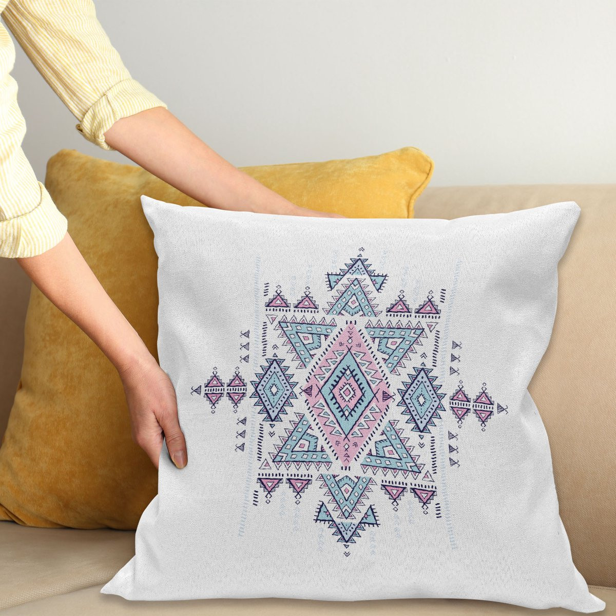 ABAKUHAUS Kussenhoes 40x40 cm – Azteekse geometrische tatoeage, Tweezijdig bedrukt, Babyblauw-Roze