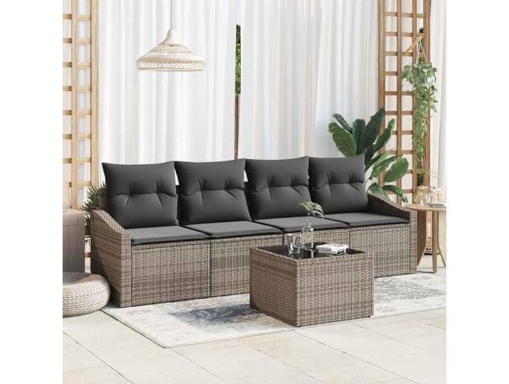 HEFZGDB 5 Stück Poly Rattan Sofa Set mit Kissen Grau für Terrasse und Freizeitmöbel Sofagarnitur