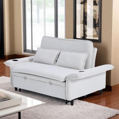 "65.74"" Corduroy 2-Seater Convertible Sofa Bed with Adjustable Armrests and Pull-Out Bed"