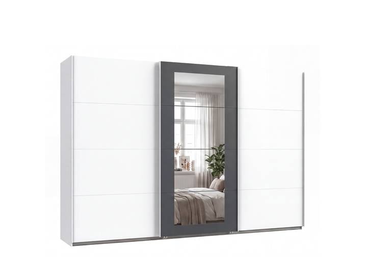 Schwebetürenschrank 3-trg Kleiderschrank 313 cm in Weiß m. Spiegel umrahmt in Grafit / 22632