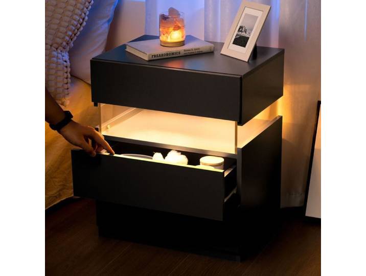 Tables de Chevet pour Adulte Table de Chevet Noir avec LED et Tiroirs Meuble Chevet pour Chambre Panneau en Acrylique 48x38x61
