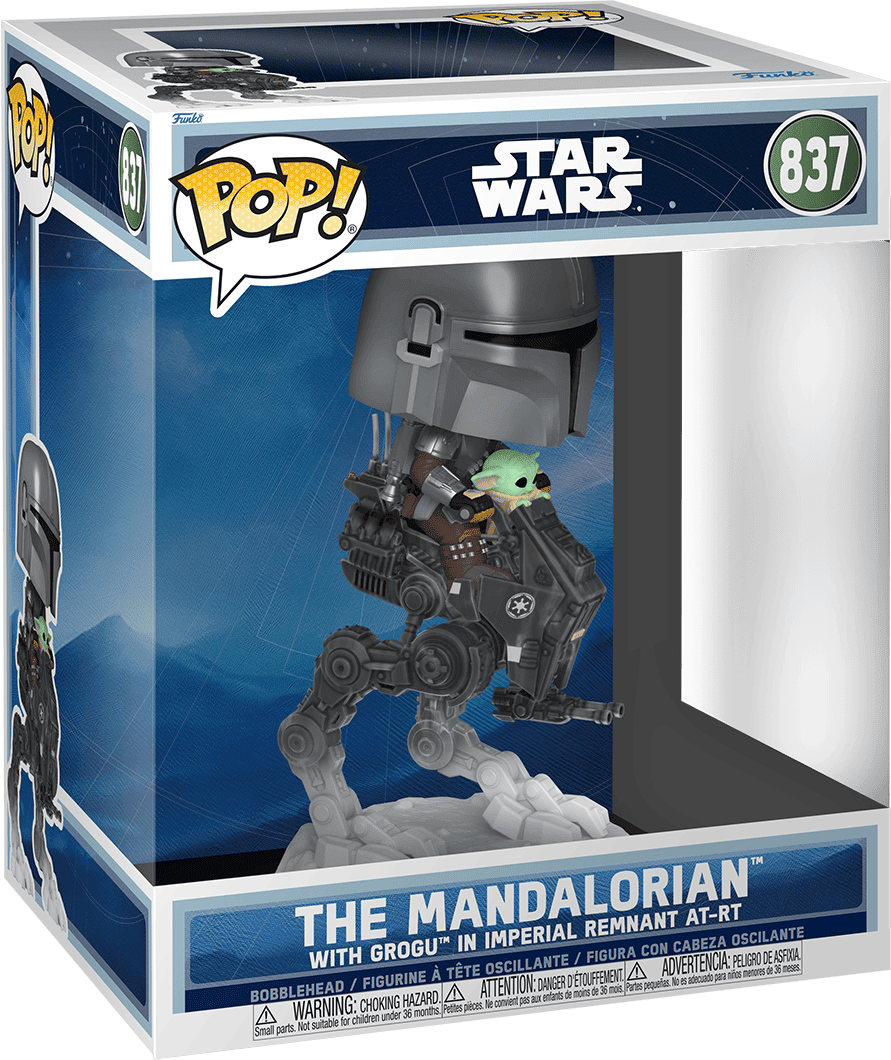 Funko Pop! Ride Deluxe - Star Wars M;G Mandalorian with Grogu - Ride-Style Sculpt with AT-RT and Grogu in Cockpit
