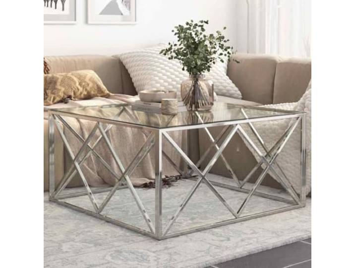 HEFZGDB Couchtisch Silbern Edelstahl und Hartglas mit Stabiler Glasplatte und schmutzabweisender Oberfläche, moderner Akzenttisch für Wohnzimmer