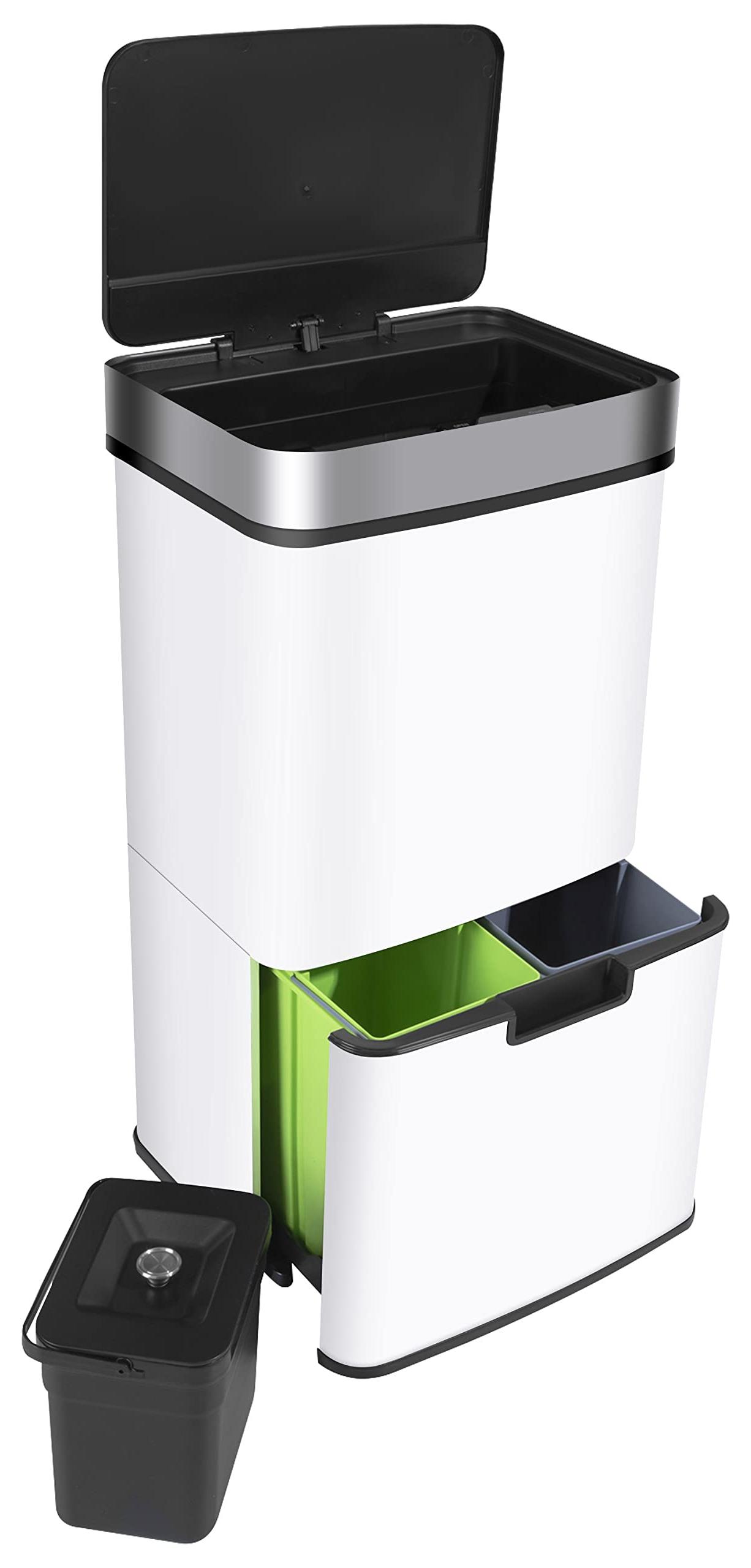 Sensor-Mülleimer 72 L, 4 Fächer, Edelstahl, Weiß