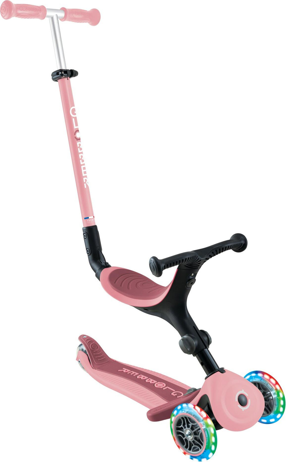 Globber Go-Up Active Lights 3-in-1 driewieler, loopfiets en scooter in pastelroze