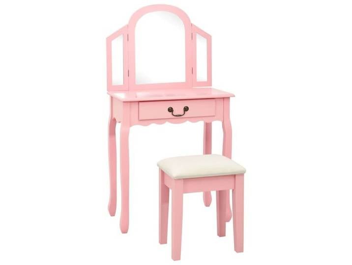 Coiffeuse tabouret rose 65x36x128 cm paulownia MDF meuble beauté design féminin compact chic