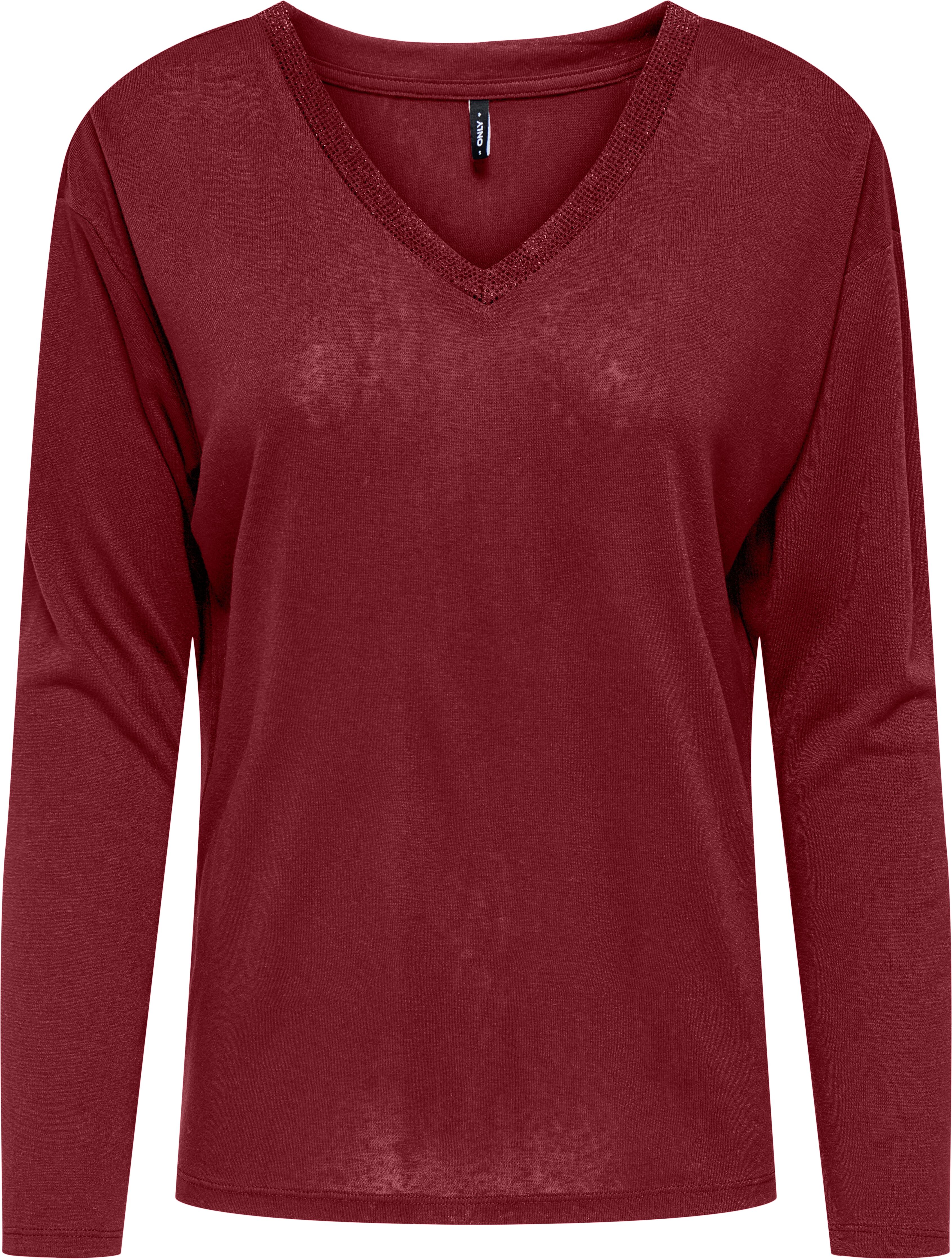 Langarmshirt ONLY "ONLHENRIETTA L/S V-NECK SHINE TOP JRS", Damen, Gr. XS, rot (cabernet detail:cabernet rhinestones), Jersey, Obermaterial: 70% Viskose, 30% Polyester, unifarben, regular fit, V-Ausschnitt, Shirts Langarmshirt cabernet detail:cabernet rhin
