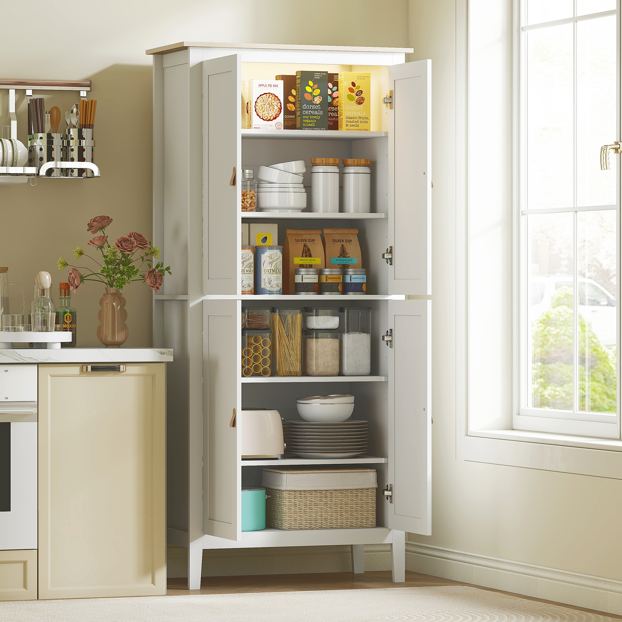 Homcom Credenza Cucina Alta 177 cm, Mobile Cucina con Luce LED, Dimmerabile a 3 Colori, Ripiani Regolabili, Bianco   Aosom Italy
