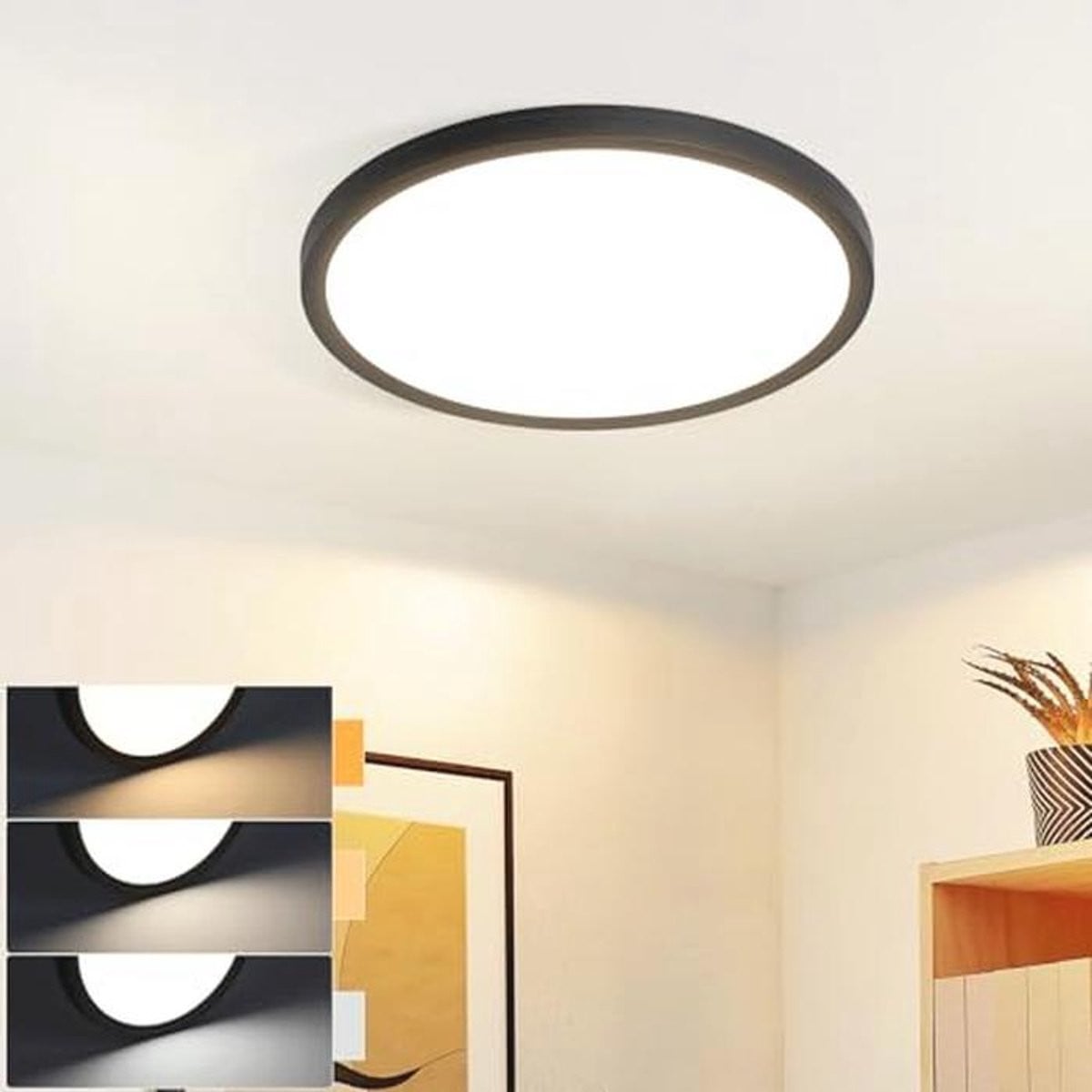 Moderne ronde LED plafondlamp voor slaapkamer, badkamer of keuken, zwart