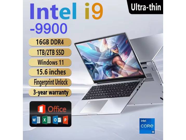 Ordinateur portable ultra-fin 15,6' 16 Go de RAM 1 To SSD Intel Core I9-9900 Ordinateur portable 1920*1080 écran HD Ordinateur de bureau et d'étude PC Windows 11 Pro