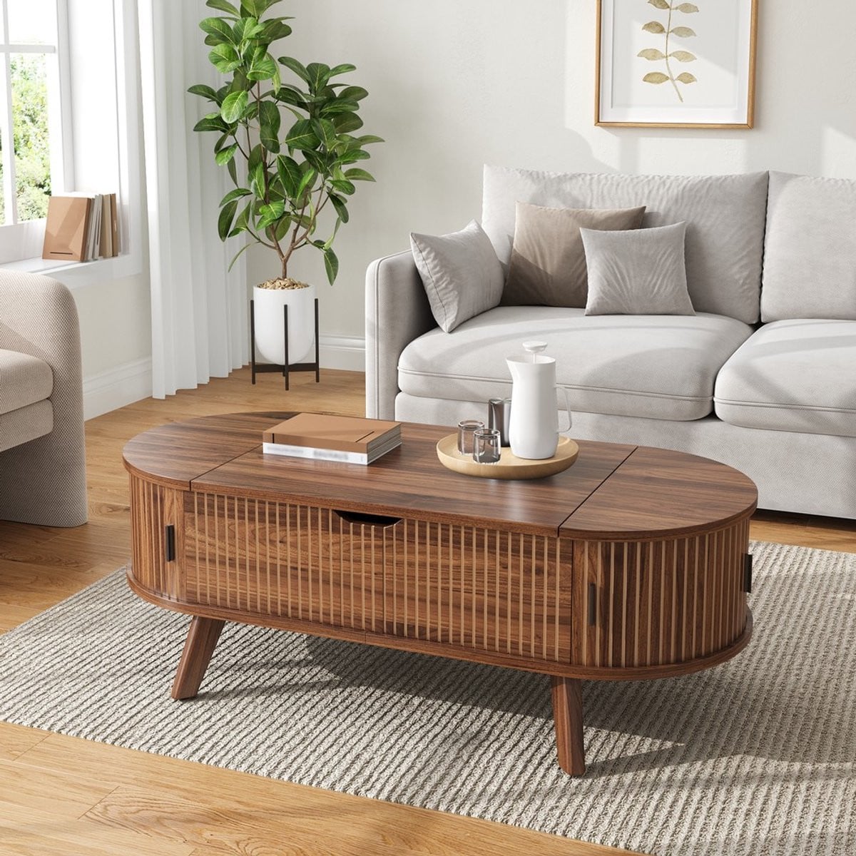 KOMHTOM Moderne ovale salontafel met verstelbaar tafelblad en verborgen opbergruimte in houtlook