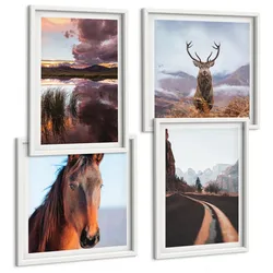 BILDER SET 4er Set - 50x50 cm & 40x60 cm Weißer Rahmen - Berglandschaften, Rentiere, Pferdestraße
