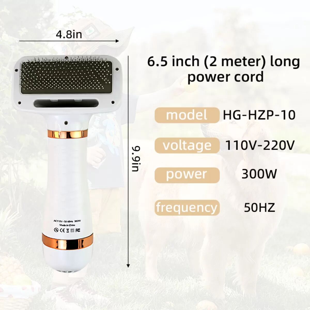 INF 220V EU-Stecker Elektrischer Haustierkamm – 3-Gang Massage-Nadel Pflegebürste mit Föhnfunktion, ABS+Edelstahl Bronze