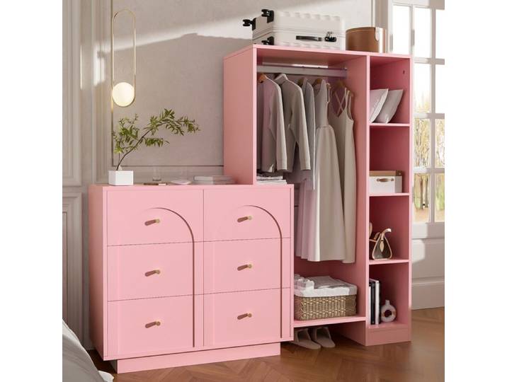 SENVIRO Armoire de chambre ouverte 6 tiroirs 139 x 35 x 133 cm rose