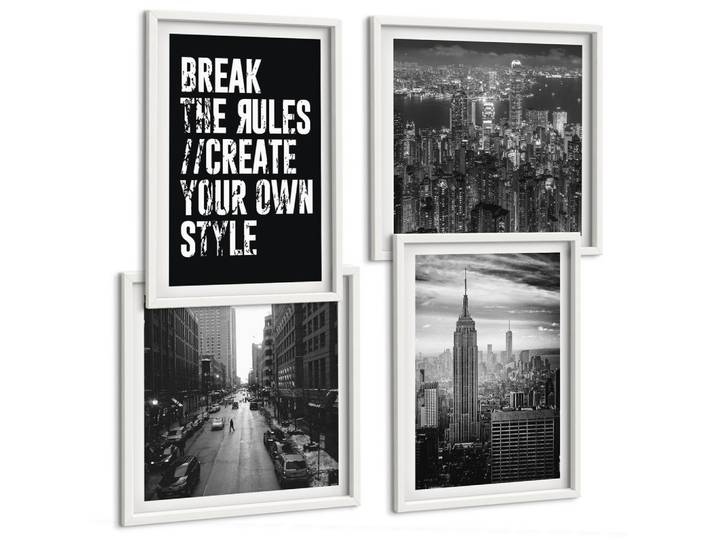 BILDER SET 4er Set - 50x50 cm & 40x60 cm Weißer Rahmen - Inspiration für Schwarz-Weiß-Darstellungen von Stadtstraßen