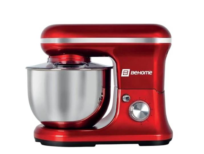 BEHOME Knetmaschine 5L 1200W, Küchenmaschine 6 Geschwindigkeiten + Pulsfunktion, Edelstahlschüssel mit Spritzschutz, 3 Zubehörteile für alle Arten von Teig, Rot