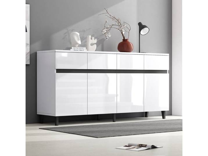 ROVRYN Buffet bas blanc brillant 160x40x68 cm 4 tiroirs 2 portes étagères réglables panneau de particules