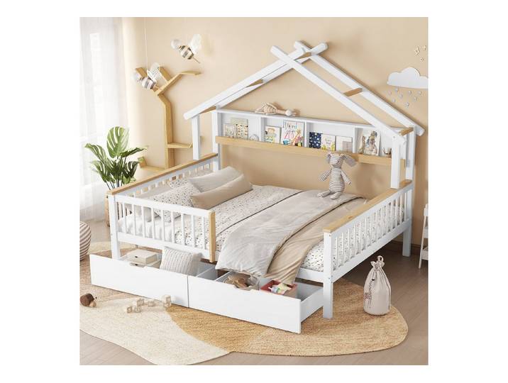 Odikalo Kinderbett Doppelbett Holzbett Fallschutz Schublade Regal 140x200cm Weiß+Natur