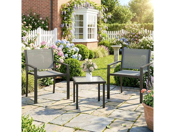 Outsunny Ensemble Terrasse 3pcs Table Verre Chaises Textilene Gris