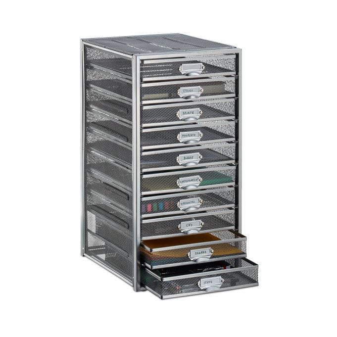 Relaxdays Ladenbox A4 met 10 vakken, Zilver, Metaal