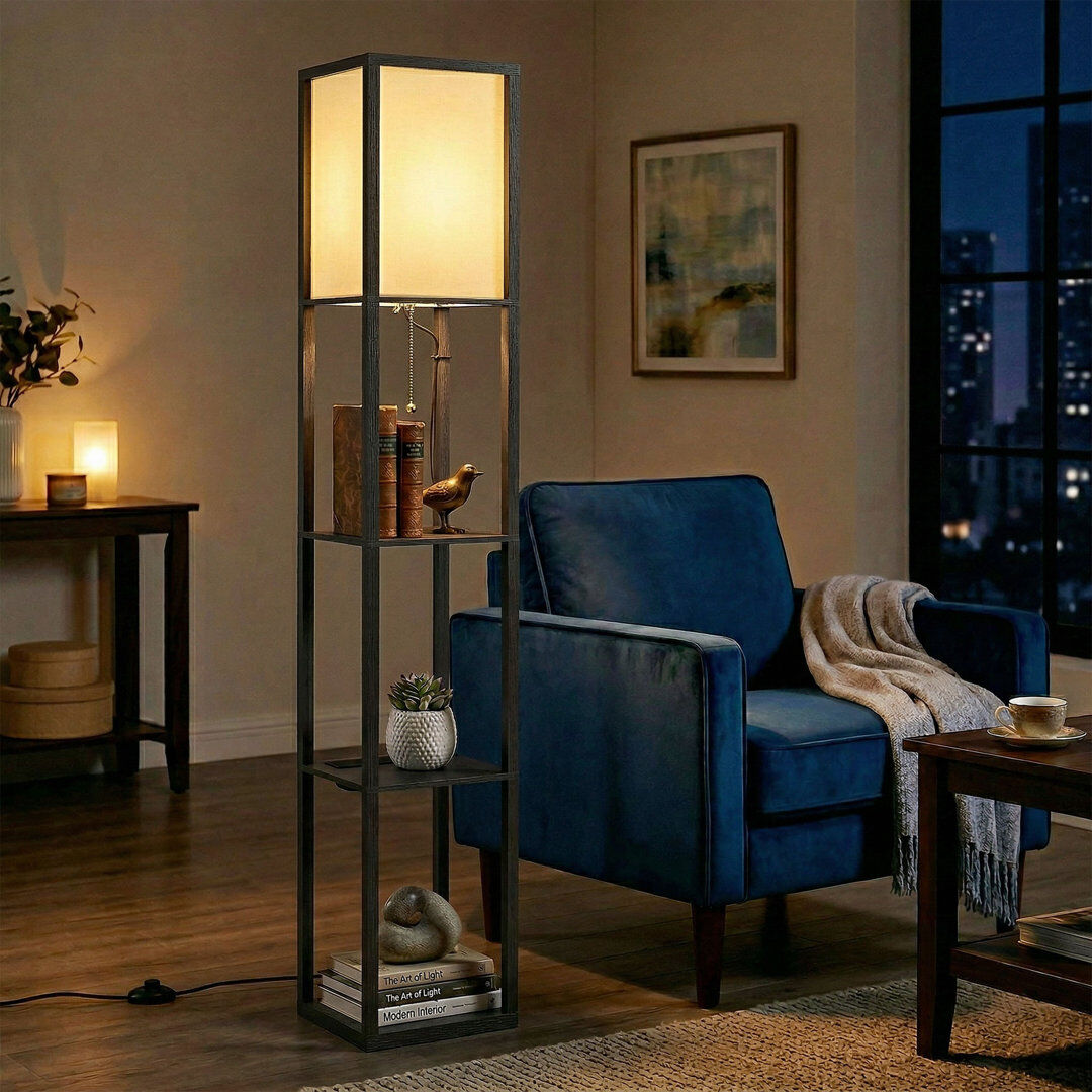17 Stories HOMCOM 3 Tier Floor Lamp Power Outlets 3 Colour Temperature USB Ports Black 160cm H X 26cm W X 26cm D