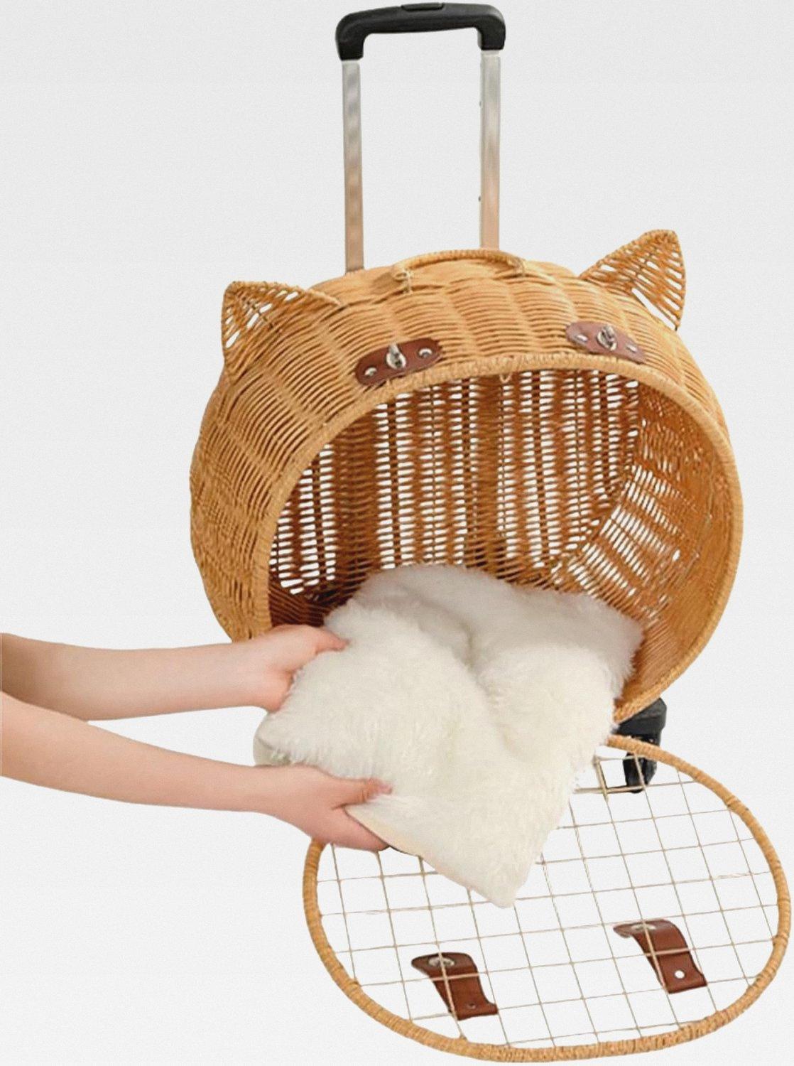 Kinderwagen für Hunde - Transportwagen aus Rattan für Katzen und Hunde, Retro-Trolley mit Teleskopgriff für mittelgroße Tiere, tägliche Spaziergänge, Einkaufen, Reisen