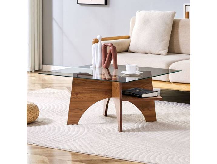 Table basse - WESTYLE - 80x80x40 cm - Verre de sécurité - Structure MDF aspect noyer - 1 étagère