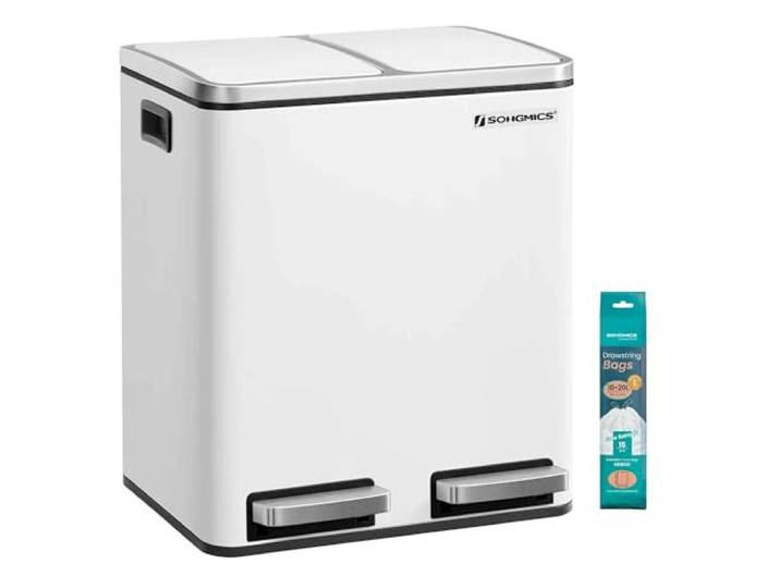 SONGMICS Poubelle Cuisine\, avec Pédale\, 2 Compartiments\, 2 x 15 L Poubelle Tri\, Seaux Intérieurs\, Couvercles en Douceur\, en Acier\, Blanc Mat et Noir D'Encre\, Collection PARY LTB30WT