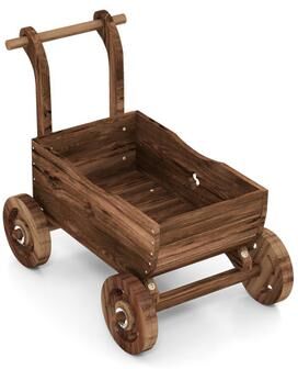 Costway Decorative Wooden Wagon Cart with Handle Wheels and Drainage Hole-Rustic Brown