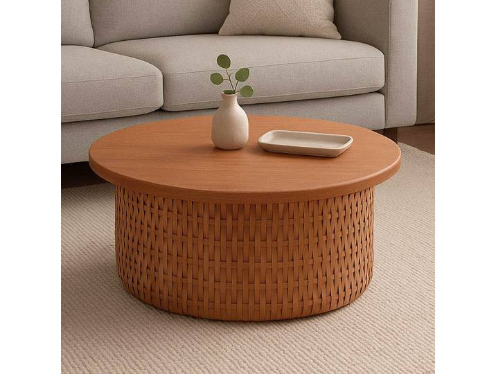 Table basse HWC-P15\, table d'appoint table de salon bois acajou rotin rond Ø75cm