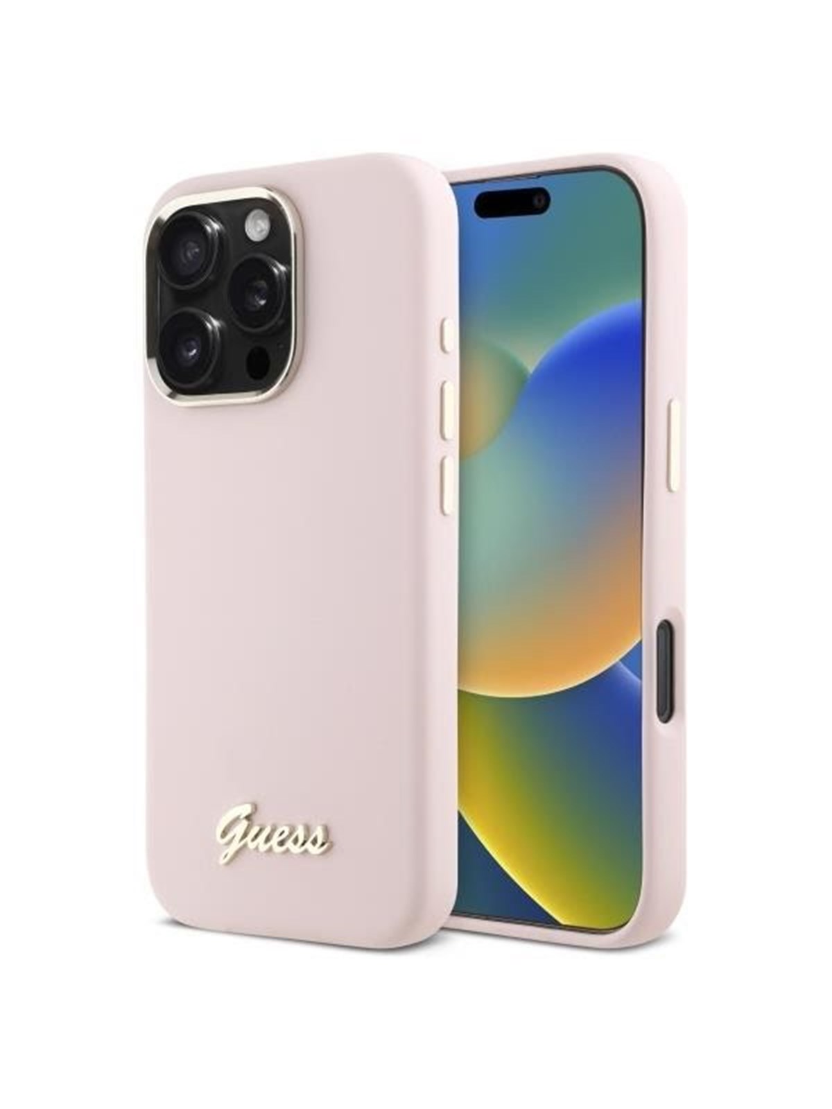 GUESS Silicone Script Metal Logo & Frame iPhone 16 Pro Case - Pink