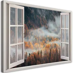 WANDBILD fensterblick wald im nebel berge