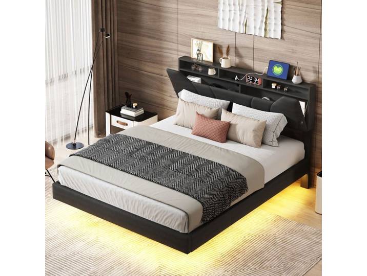 EIFSON Lit coffre 160x200cm avec sommier LED et USB Lit flottant capitonné avec tête de lit rangement Noir