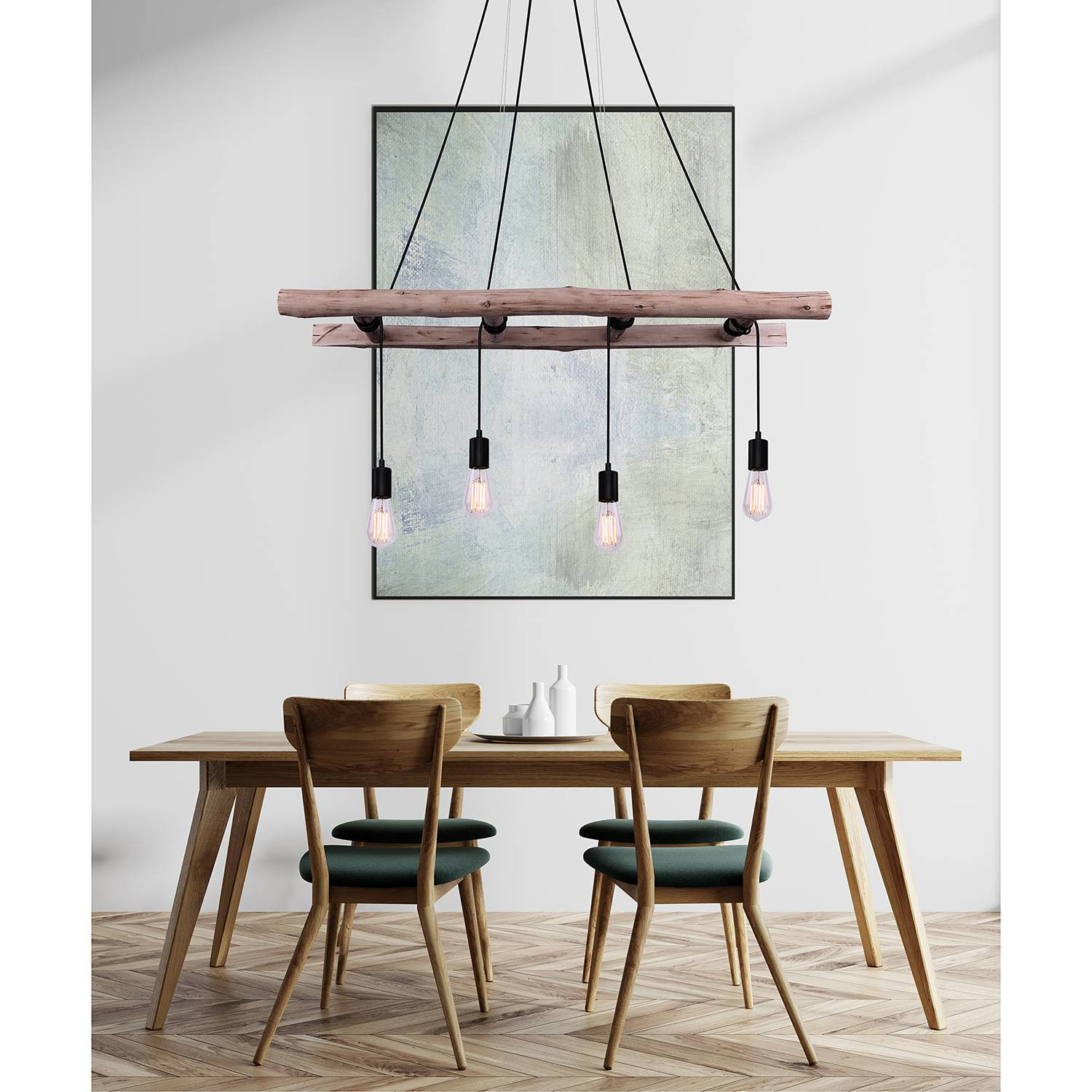 Globo Lighting Hanglamp Irmgard Industrieel Bruin Hout Metaal 4-Lichts B: 30 cm, H: 192 cm