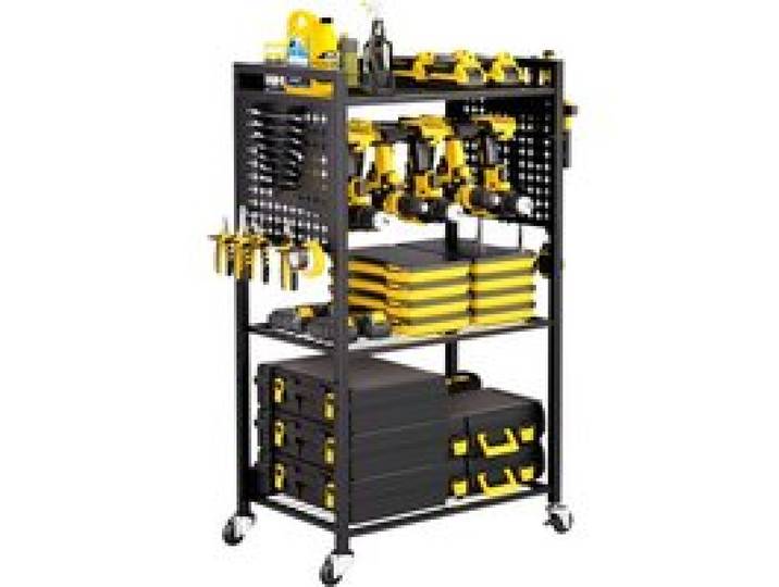 VEVOR Werkzeugwagen mit 4 Ebenen, Tragkraft 68 kg, Werkstattwagen mit rollbarem Bohrerhalter & stabilem Lagerregal, Montagewagen für die Garage, Werkstatt, Garage, schwarz, 560x350x970 mm
