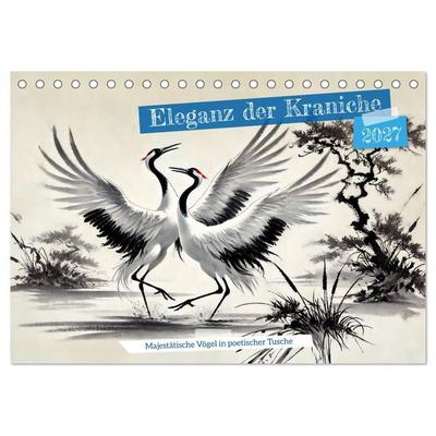 Eleganz der Kraniche - Majestätische Vögel in poetischer Tusche (Tischkalender 2027 DIN A5 quer), CALVENDO Monatskalender