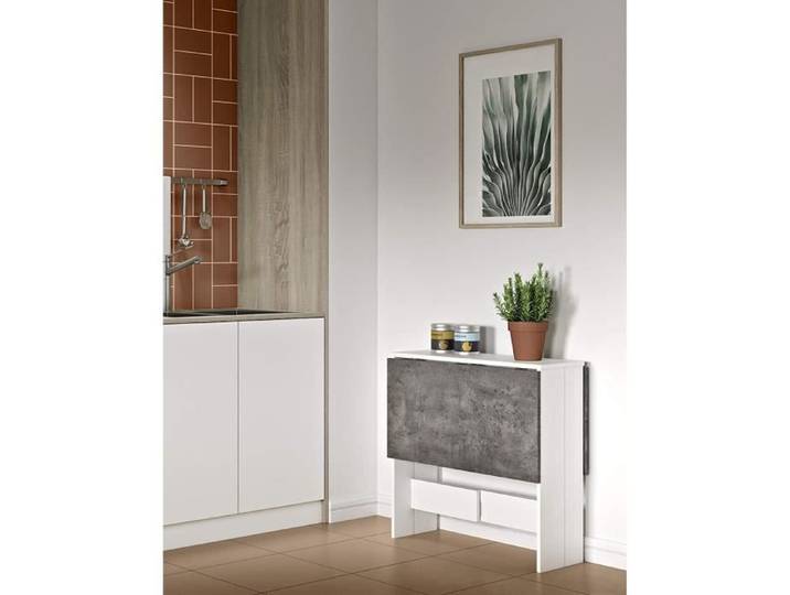 Table de Cuisine/Table de séjour Pliante - Blanc/Béton - Rectangulaire - 4 places - Contemporain - Design