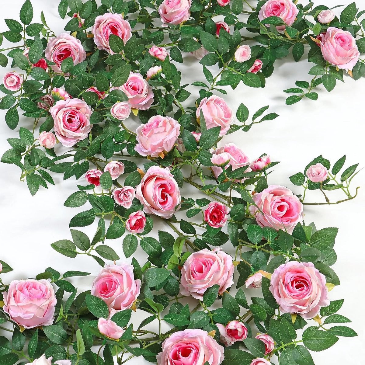 Roze kunstbloemenslinger met zijden rozen, 180 cm