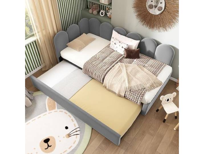 Elaimoros Polsterbett Daybett 90x200cm,Tagesbett Schlafsofa Kinderbett mit Ausziehbett 90x190cm und Lattenrost, Samt, Grau,ohne Matratze