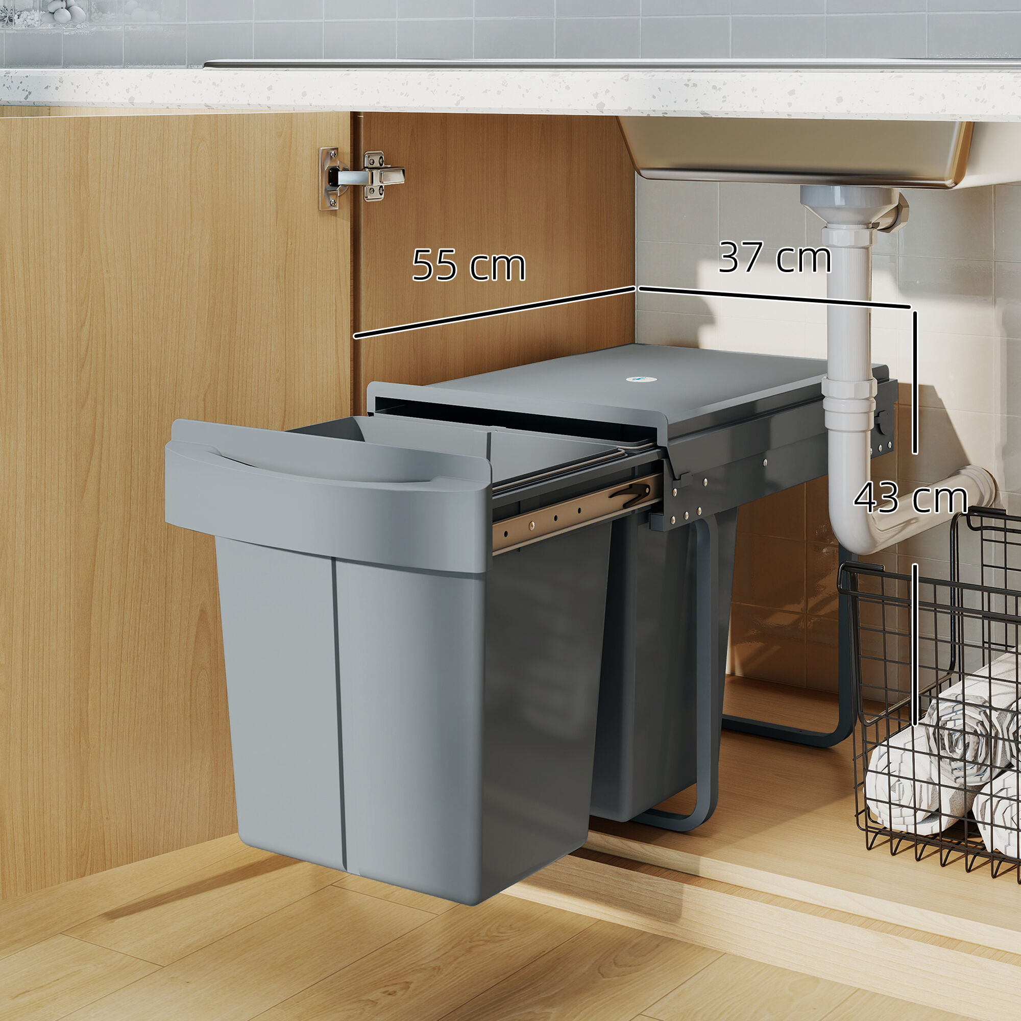 Altro Pattumiera Estraibile Sottolavello Per Differenziata Con 2 Secchi Da 20l, 52x33.5x41 Cm, Grigio