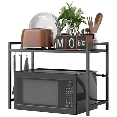 STILVORA Mikrowellenregal ausziehbar Schwarz 64x32x48 cm mit 3 Haken, Metall Küchen Organizer für Arbeitsplatte, stabil mit verstellbaren Füßen