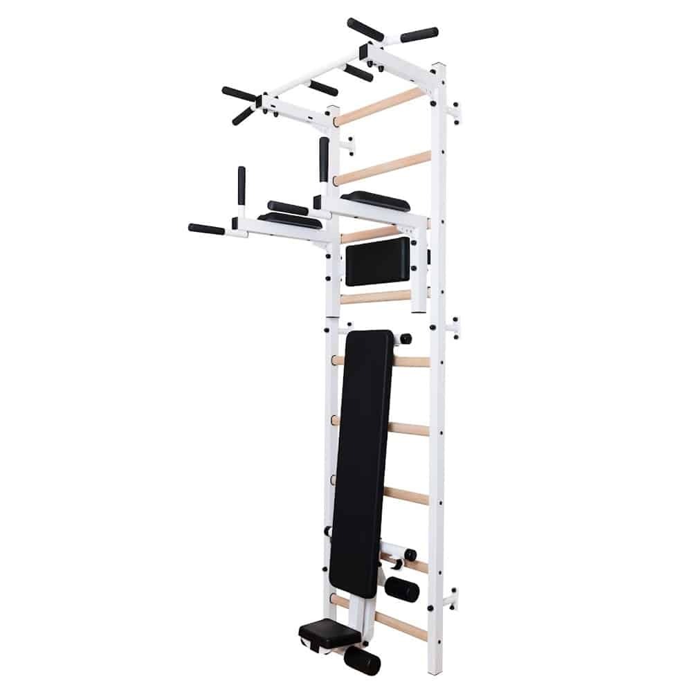 BenchK Sprossenwand 723W, 67 cm breit, 2,40 m hoch, mit Klimmzugstange PB2W, Dipbarren DB1W und Bank B1W