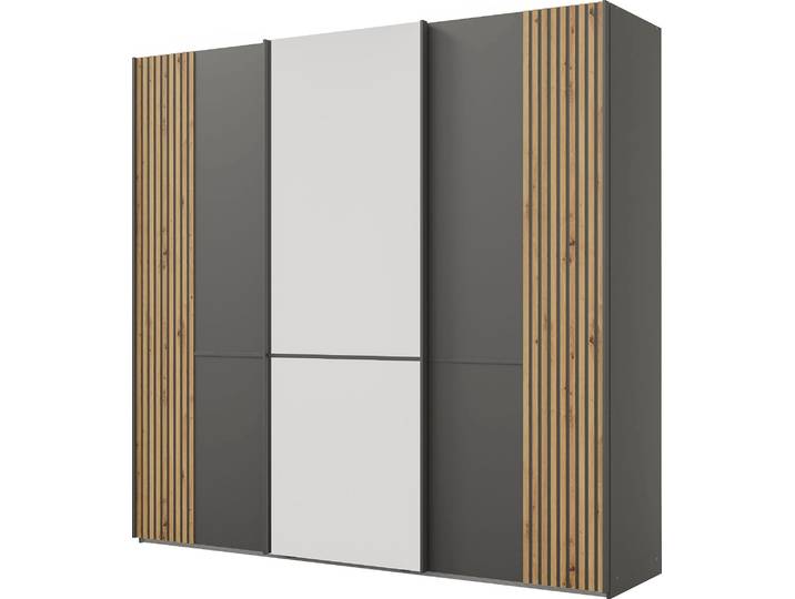 Schwebetürenschrank MUSTERRING Isabelle , grau (graphit, dekor), B:246,3cm H:236cm T:67cm, Hartfaserplatte, Holzwerkstoff, Kristallglas, Schränke, Schwebetürenschrank, Türen mit Lamellenoptik, mittige Spiegeltür, verschiedene Grössen